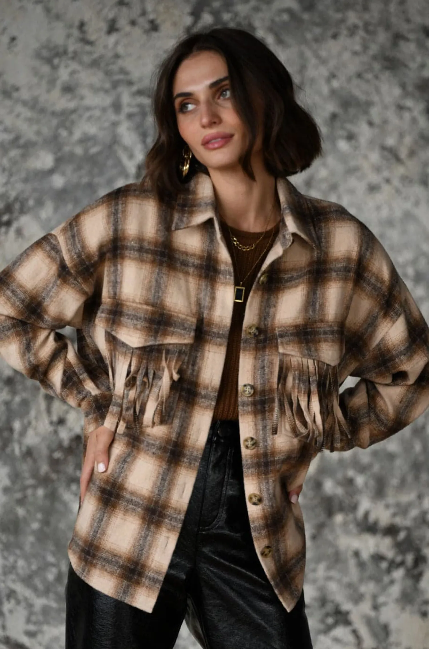 Fashion Devin Brown Fringe Shacket Jackets