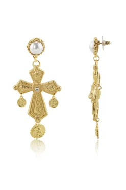 Online Devoted Gold Cross Pearl Earrings Golden Hour Bachelorette
