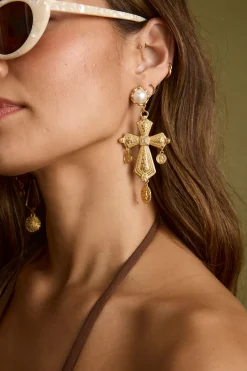 Online Devoted Gold Cross Pearl Earrings Golden Hour Bachelorette
