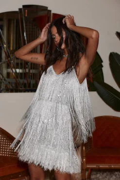 Sale Disco Fever Silver Fringe Mini Dress Denim + Diamonds Bachelorette|Festival Dresses