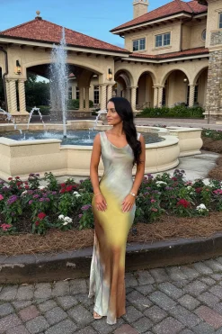 New Dolce Golden Ombre Cowl Neck Maxi Dress Date Night Dresses|Vacation Dresses