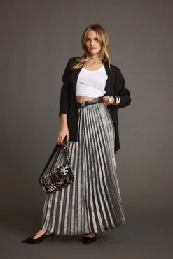 Clearance Electric Love Gunmetal Metallic Pleated Maxi Skirt Going Out Bottoms|Skirts