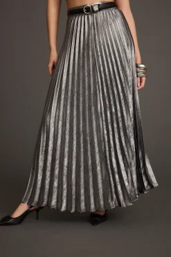Clearance Electric Love Gunmetal Metallic Pleated Maxi Skirt Going Out Bottoms|Skirts