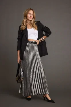 Clearance Electric Love Gunmetal Metallic Pleated Maxi Skirt Going Out Bottoms|Skirts