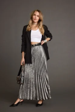Clearance Electric Love Gunmetal Metallic Pleated Maxi Skirt Going Out Bottoms|Skirts