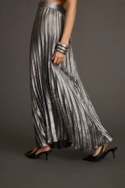 Clearance Electric Love Gunmetal Metallic Pleated Maxi Skirt Going Out Bottoms|Skirts