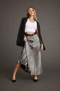 Clearance Electric Love Gunmetal Metallic Pleated Maxi Skirt Going Out Bottoms|Skirts