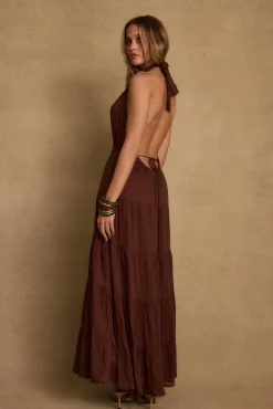 Online Esperanza Espresso Halter Linen Maxi Dress Day Dresses|Vacation Dresses