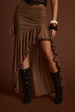 Online Evanna Brown High Low Ruffle Mesh Maxi Skirt Going Out Bottoms|Skirts
