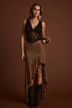 Online Evanna Brown High Low Ruffle Mesh Maxi Skirt Going Out Bottoms|Skirts