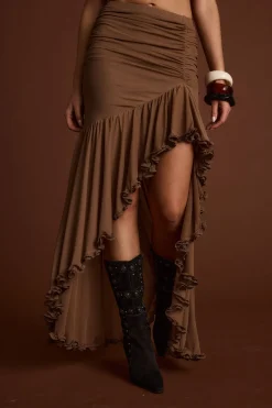 Online Evanna Brown High Low Ruffle Mesh Maxi Skirt Going Out Bottoms|Skirts