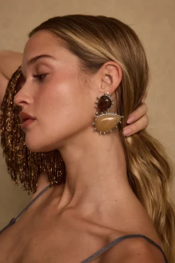 Online Fauna Gold and Stone Statement Earrings Jewelry