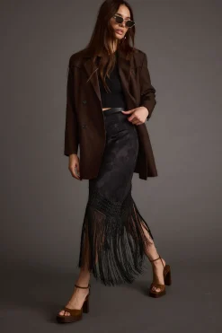 Sale Frankie Black Satin Jacquard Fringe Midi Skirt Date Night Bottoms|Skirts