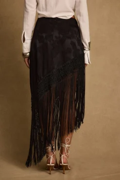 Sale Frankie Black Satin Jacquard Fringe Midi Skirt Date Night Bottoms|Skirts