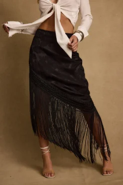 Sale Frankie Black Satin Jacquard Fringe Midi Skirt Date Night Bottoms|Skirts