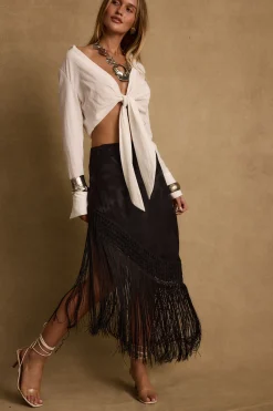 Sale Frankie Black Satin Jacquard Fringe Midi Skirt Date Night Bottoms|Skirts