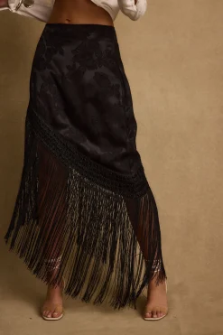 Sale Frankie Black Satin Jacquard Fringe Midi Skirt Date Night Bottoms|Skirts