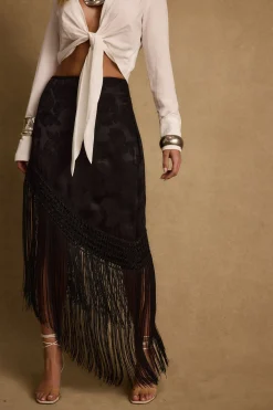 Sale Frankie Black Satin Jacquard Fringe Midi Skirt Date Night Bottoms|Skirts