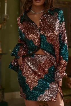 New Genevieve Emerald Multi Sequin Mini Skirt Going Out Bottoms|Skirts