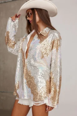 Best Genevieve Ivory Multi Sequin Button Up Going Out Tops|Sets