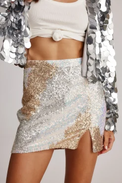 New Genevieve Ivory Multi Sequin Mini Skirt Going Out Bottoms|Skirts