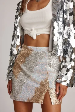 New Genevieve Ivory Multi Sequin Mini Skirt Going Out Bottoms|Skirts