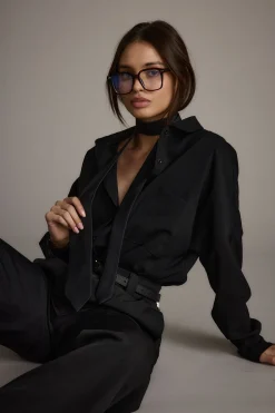 Hot Gisele Black Poplin Button Down Workwear Tops|Long Sleeves