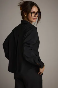 Hot Gisele Black Poplin Button Down Workwear Tops|Long Sleeves