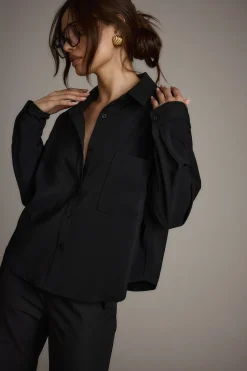 Hot Gisele Black Poplin Button Down Workwear Tops|Long Sleeves