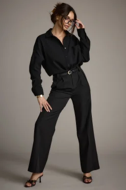 Hot Gisele Black Poplin Button Down Workwear Tops|Long Sleeves