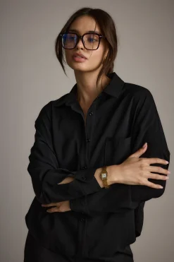 Hot Gisele Black Poplin Button Down Workwear Tops|Long Sleeves