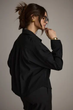 Hot Gisele Black Poplin Button Down Workwear Tops|Long Sleeves