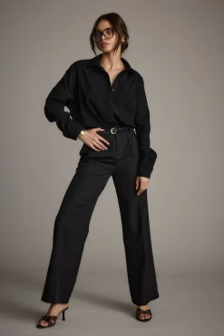 Hot Gisele Black Poplin Button Down Workwear Tops|Long Sleeves