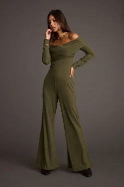 Clearance Greenwich Olive Knit Off The Shoulder Jumpsuit Party Dresses|Jumpsuits + Rompers