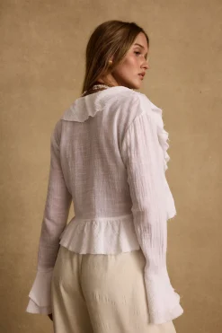 New Guilliana White Ruffle Blouse Long Sleeves|Seashells + Wedding Bells