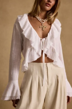 New Guilliana White Ruffle Blouse Long Sleeves|Seashells + Wedding Bells
