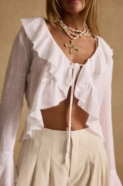New Guilliana White Ruffle Blouse Long Sleeves|Seashells + Wedding Bells
