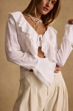 New Guilliana White Ruffle Blouse Long Sleeves|Seashells + Wedding Bells