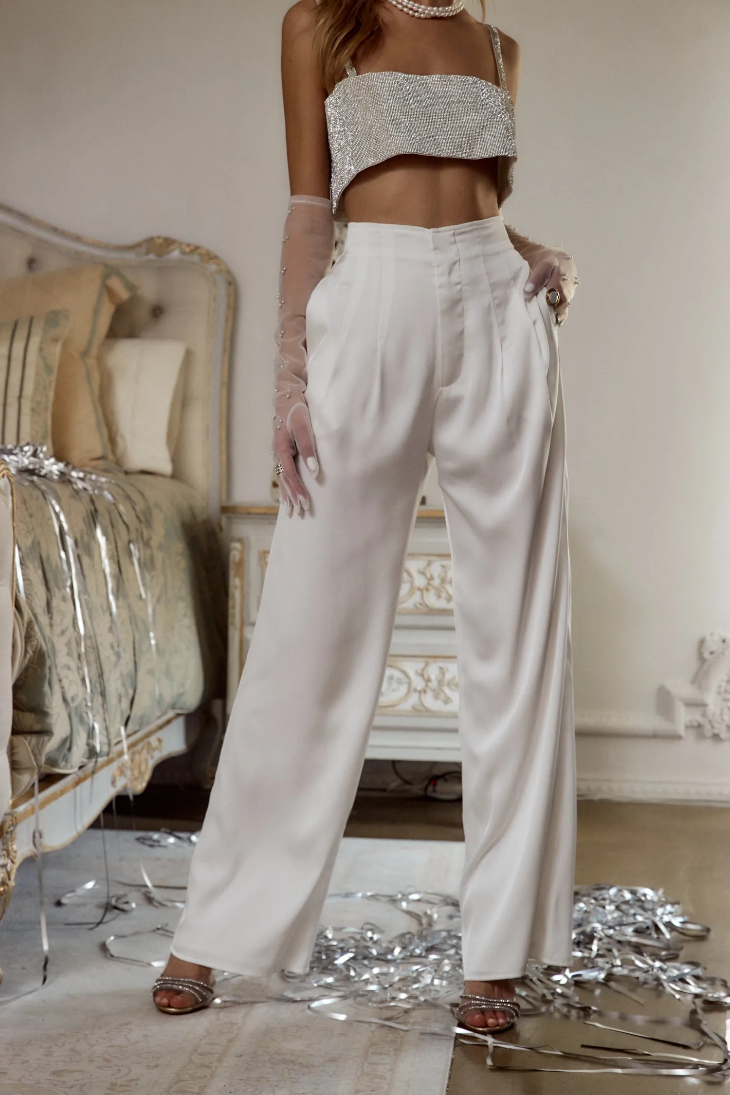 Fashion Halley White Satin Trousers Work Wear Bottoms|Bridal Bottoms