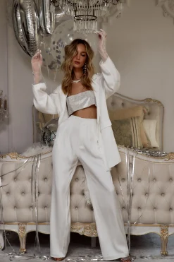 Fashion Halley White Satin Trousers Work Wear Bottoms|Bridal Bottoms