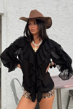 Sale Harlow Black Ruffle Blouse Long Sleeves|Festival Tops