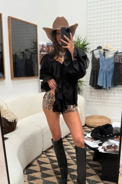 Sale Harlow Black Ruffle Blouse Long Sleeves|Festival Tops
