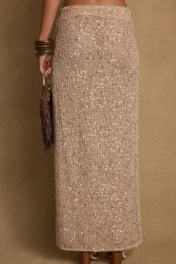 Fashion Ibiza Champagne Sequin Maxi Skirt Date Night Bottoms|Going Out Bottoms