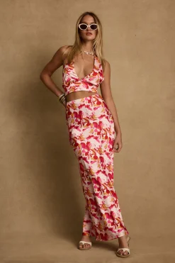 Online Joelle Pink Floral Halter Crop Top Sets|Sets