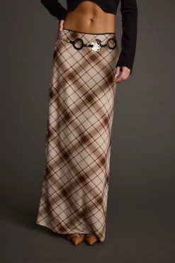Discount Julia Brown Plaid Mesh Maxi Skirt Date Night Bottoms|Skirts
