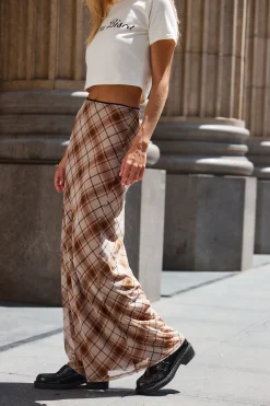 Discount Julia Brown Plaid Mesh Maxi Skirt Date Night Bottoms|Skirts