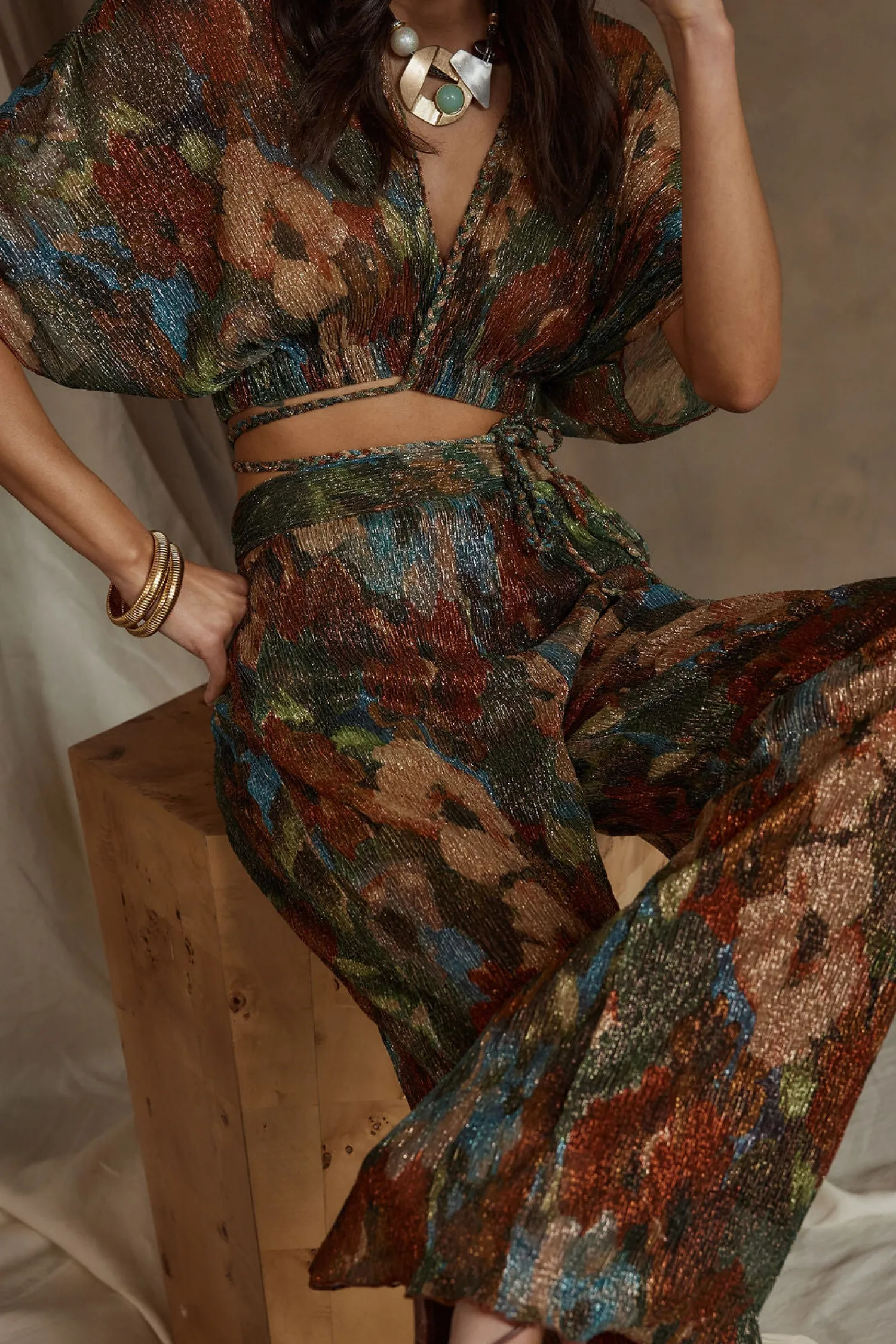 Clearance Kaia Multicolor Metallic Floral Crop Top Sets|Sets
