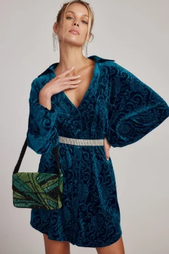 Clearance Kali Blue Long Sleeve Velvet Dress Mini Dresses