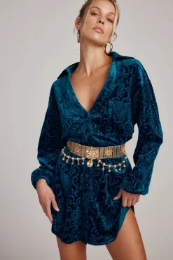 Clearance Kali Blue Long Sleeve Velvet Dress Mini Dresses