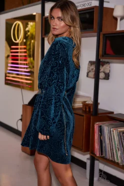 Clearance Kali Blue Long Sleeve Velvet Dress Mini Dresses